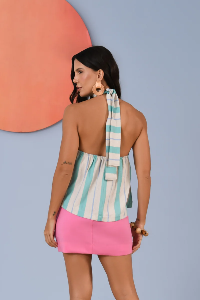 Cropped Flores Listras Azuis