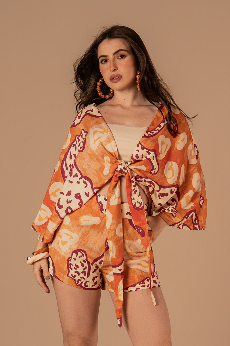 Short Joia Estampado Laranja e Bordô