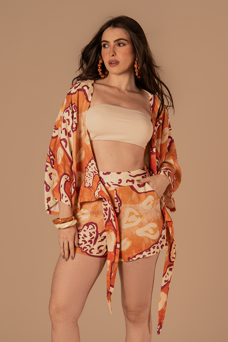 Short Joia Estampado Laranja e Bordô