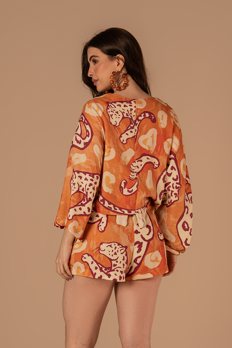 Kimono Orla Estampado Laranja e Bordô
