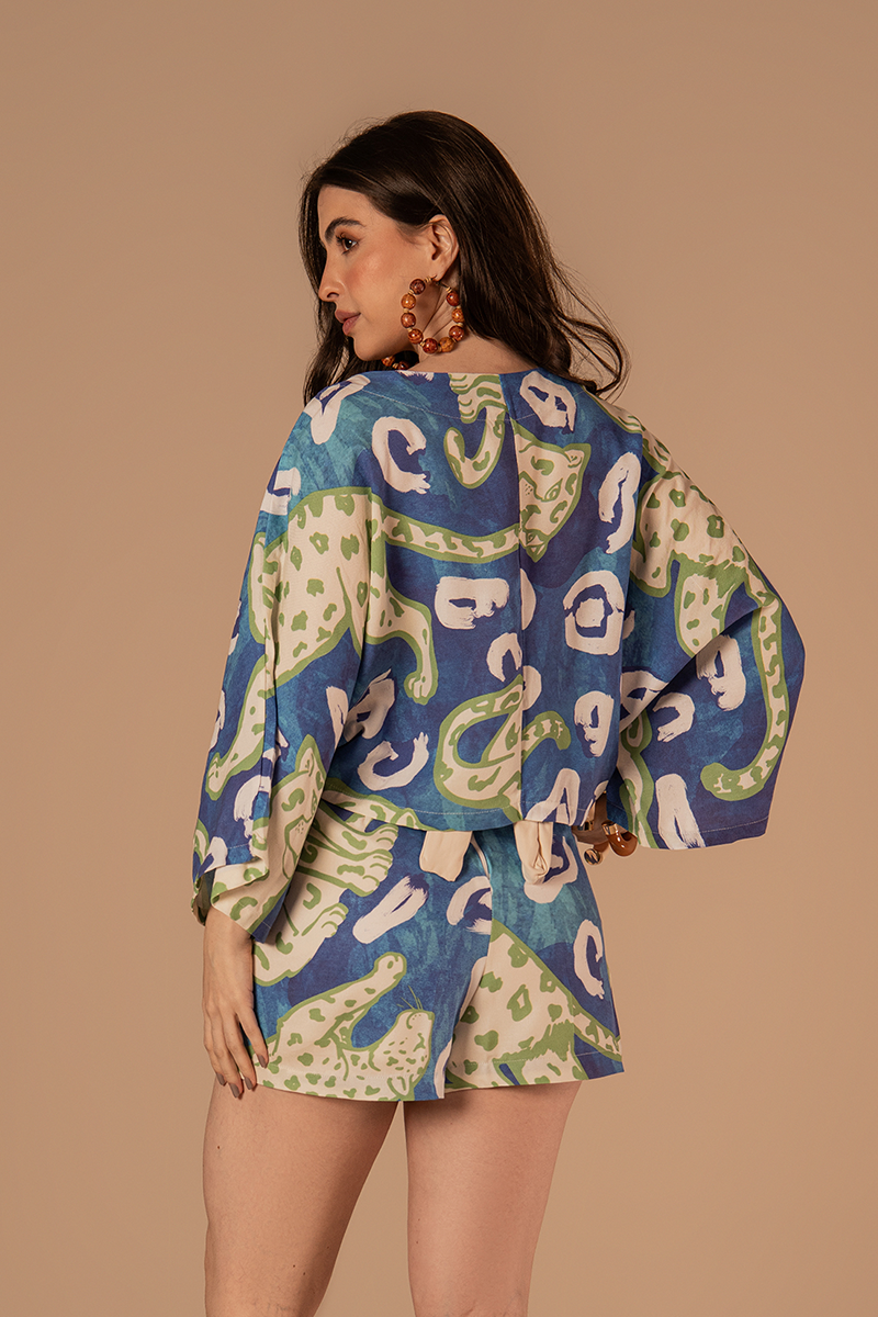 Kimono Orla Estampado Verde e Azul