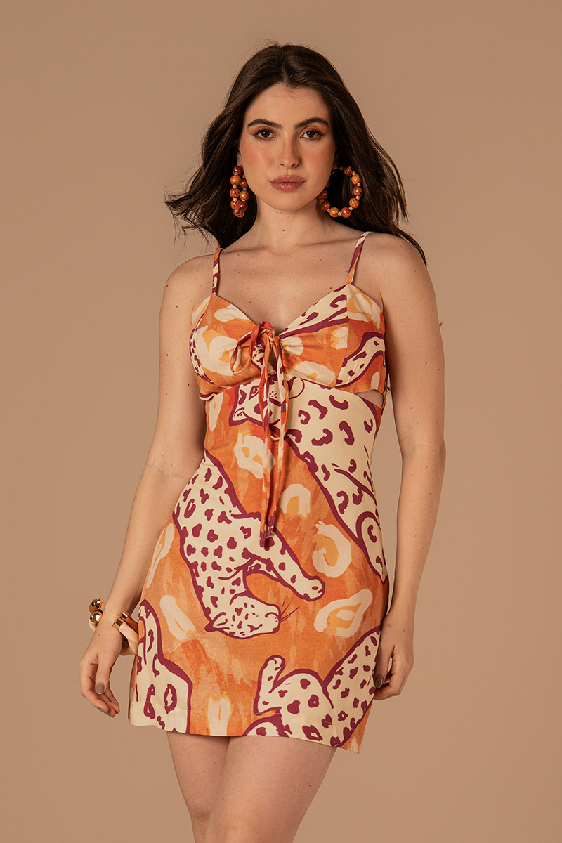 Vestido Orla Estampado Laranja e Bordô