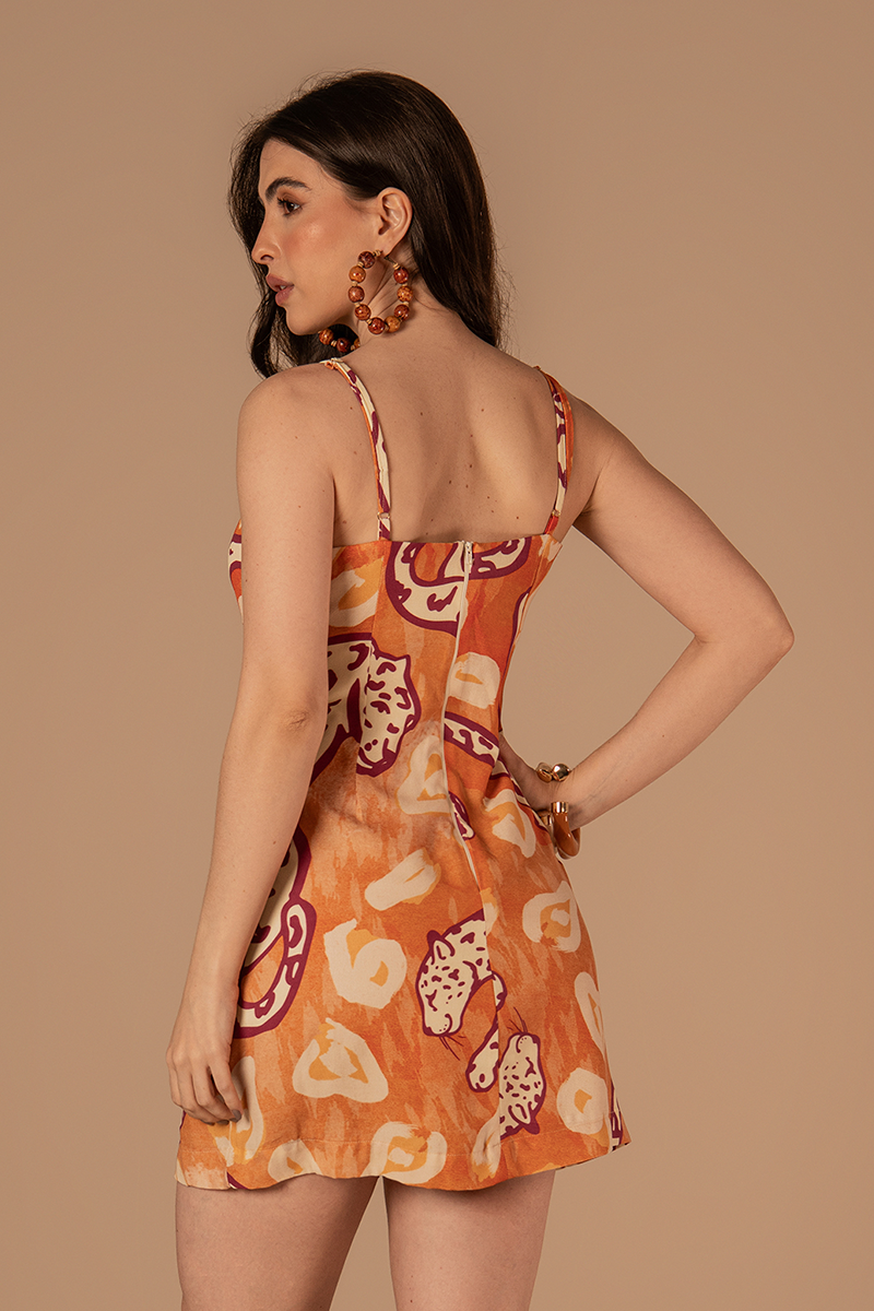 Vestido Orla Estampado Laranja e Bordô