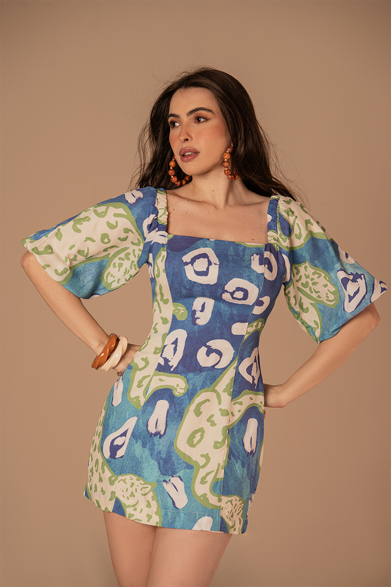 Vestido Poesia Estampado Verde e Azul
