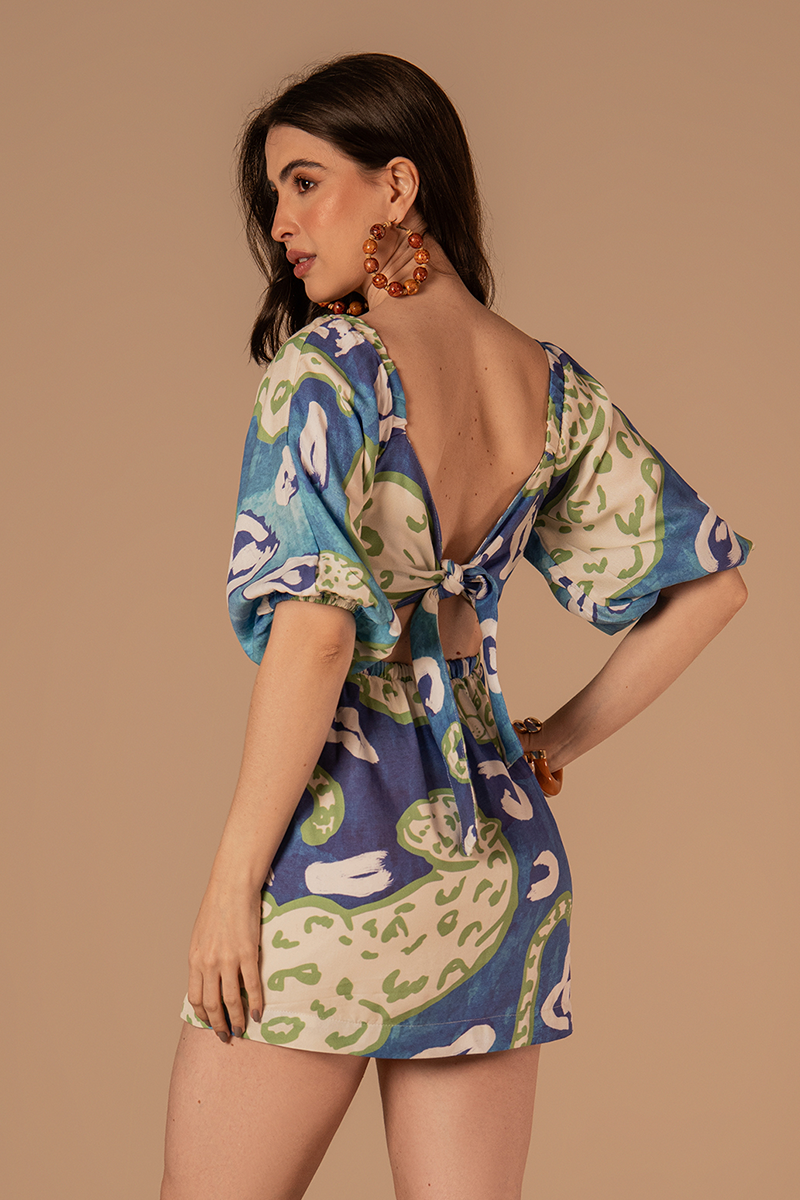 Vestido Poesia Estampado Verde e Azul
