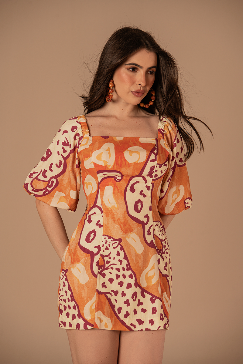 Vestido Poesia Estampado Laranja e Bordô