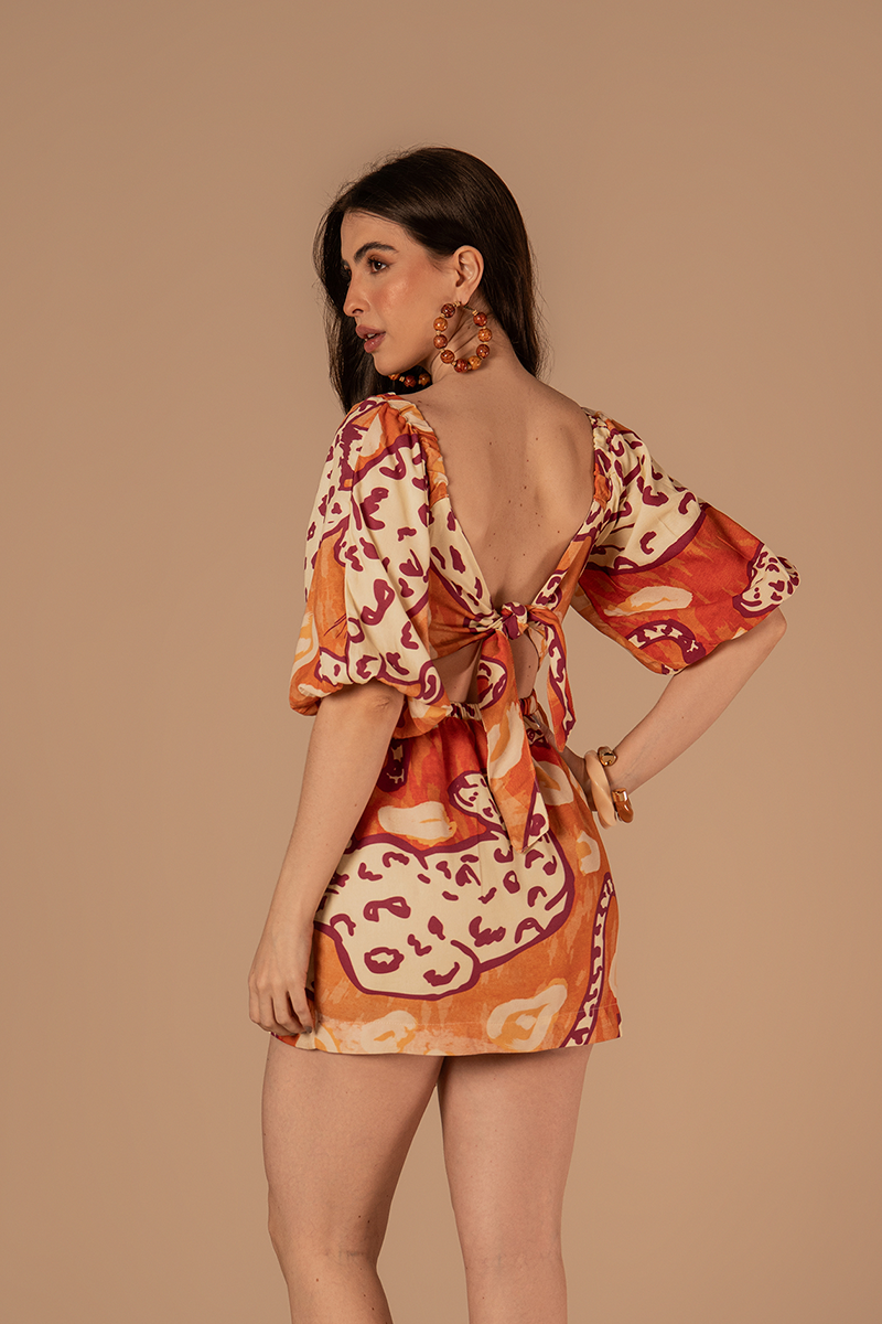 Vestido Poesia Estampado Laranja e Bordô